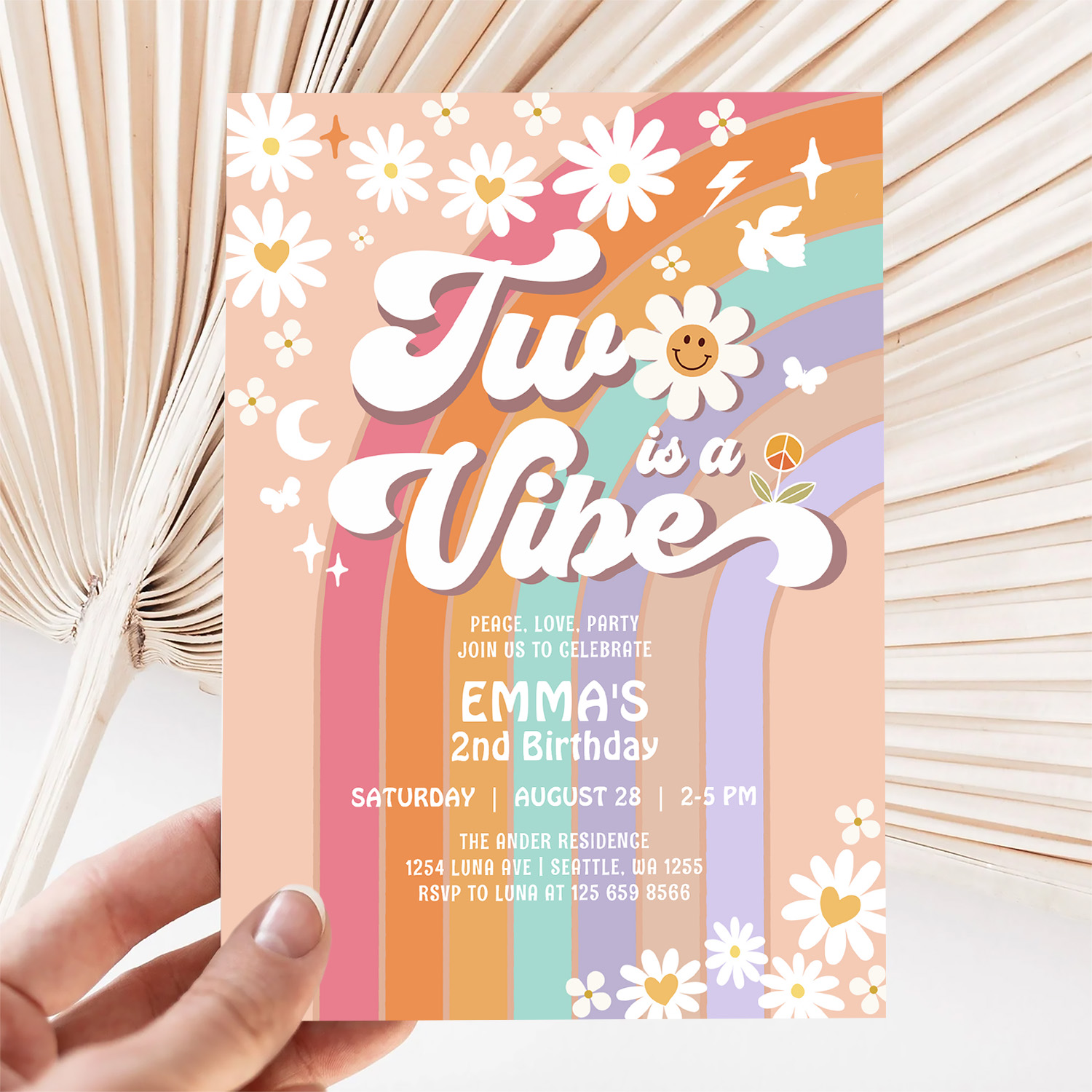 Two Is A Vibe 2nd Groovy Rainbow Birthday Invitation - Image 5