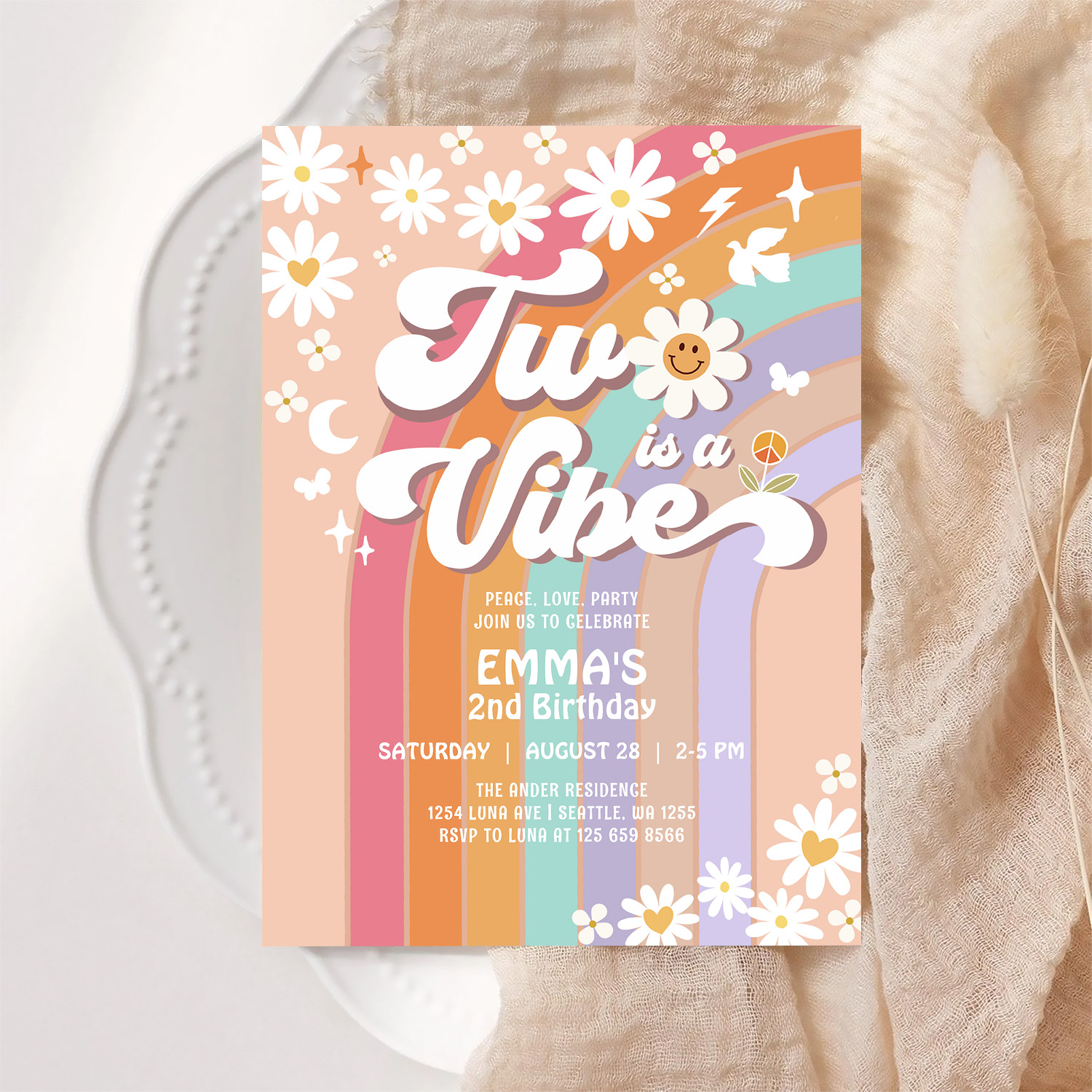 Two Is A Vibe 2nd Groovy Rainbow Birthday Invitation - Image 6