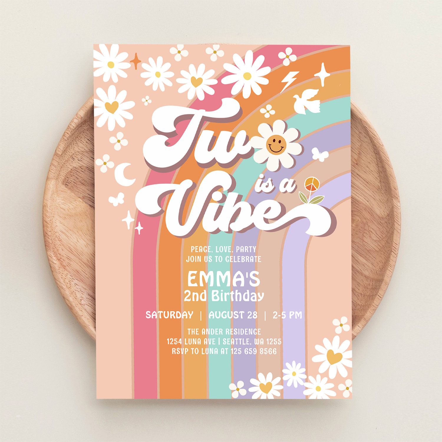 Two Is A Vibe 2nd Groovy Rainbow Birthday Invitation - Image 7