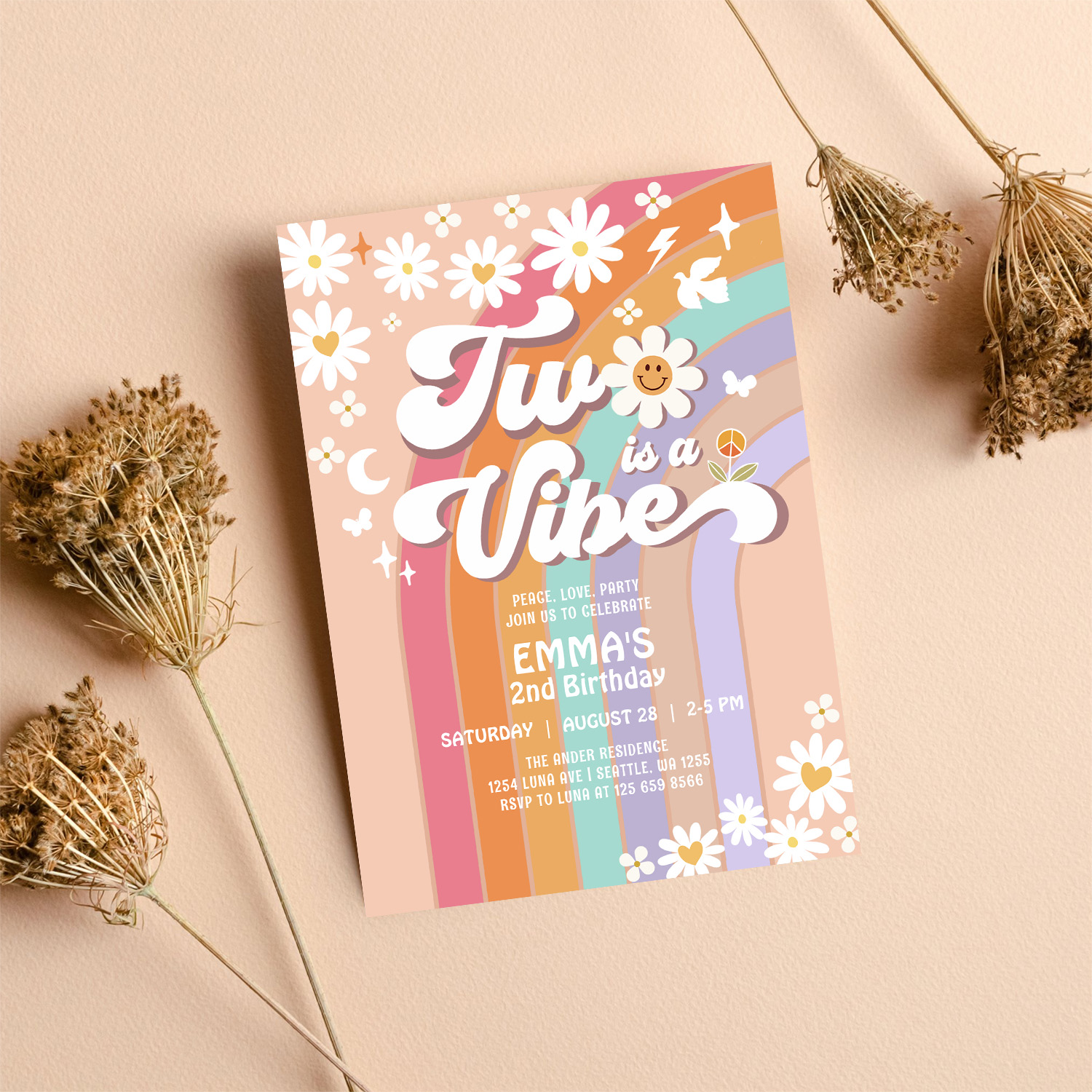 Two Is A Vibe 2nd Groovy Rainbow Birthday Invitation - Image 8
