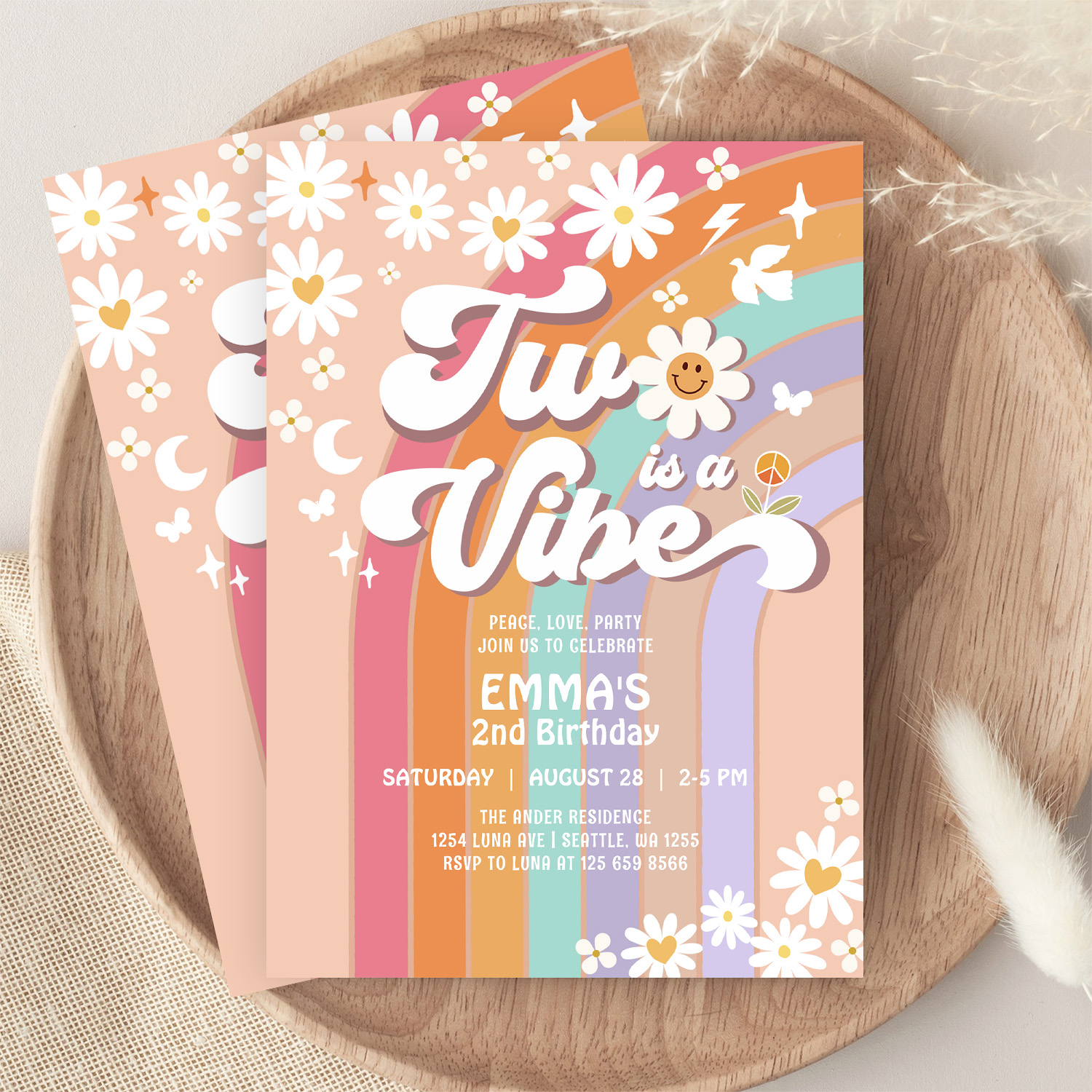 Two Is A Vibe 2nd Groovy Rainbow Birthday Invitation - Image 9