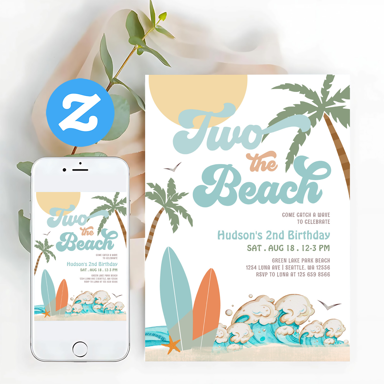 Two The Beach Boy Surf Surfing 2nd Birthday Invitation