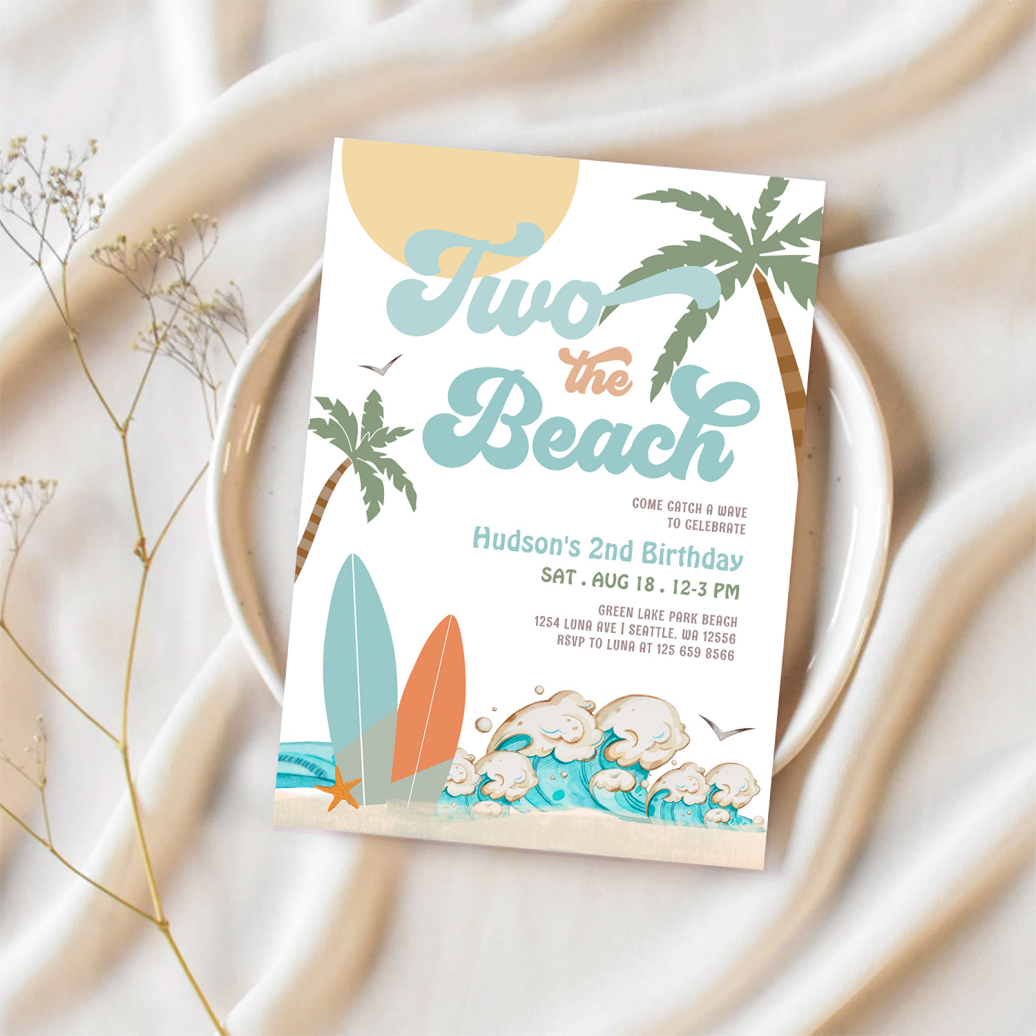 Two The Beach Boy Surf Surfing 2nd Birthday Invitation - Image 2