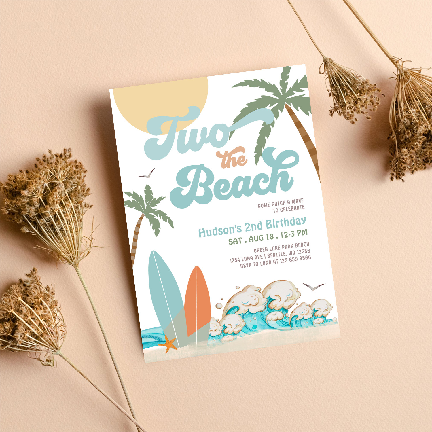 Two The Beach Boy Surf Surfing 2nd Birthday Invitation - Image 8