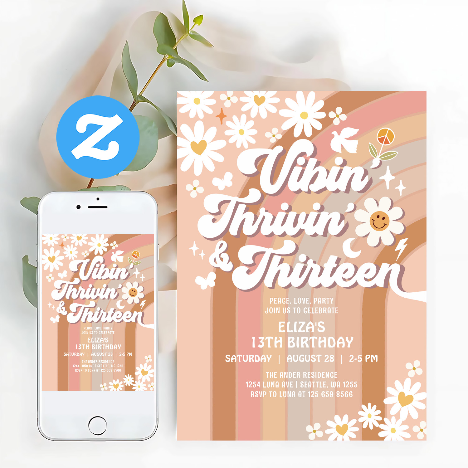 Vibin Thrivin And Thirteen Earthy 70S Birthday Invitation