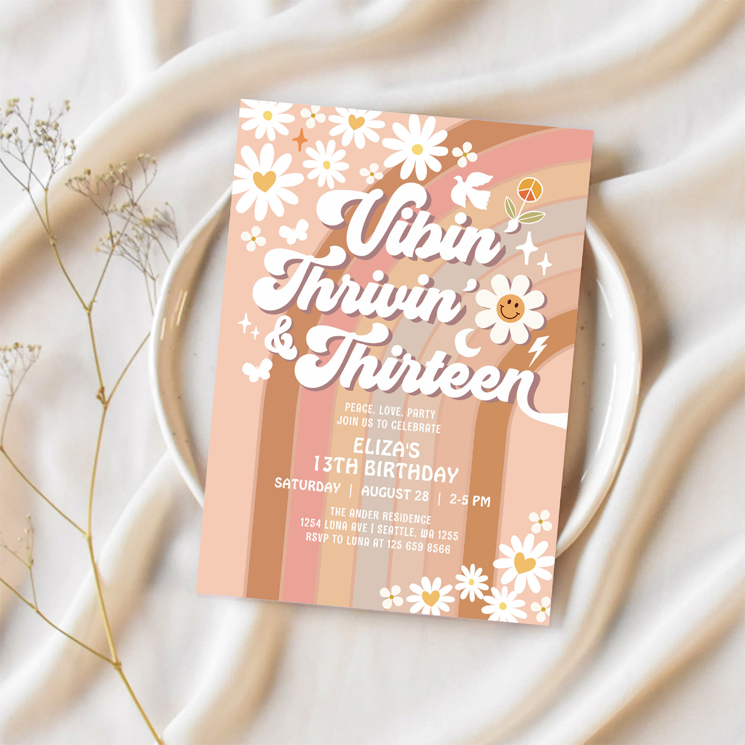 Vibin Thrivin And Thirteen Earthy 70S Birthday Invitation - Image 2