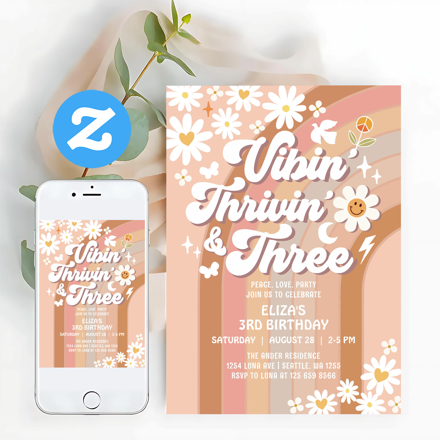 Vibin Thrivin And Three Earthy Retro Birthday Invitation