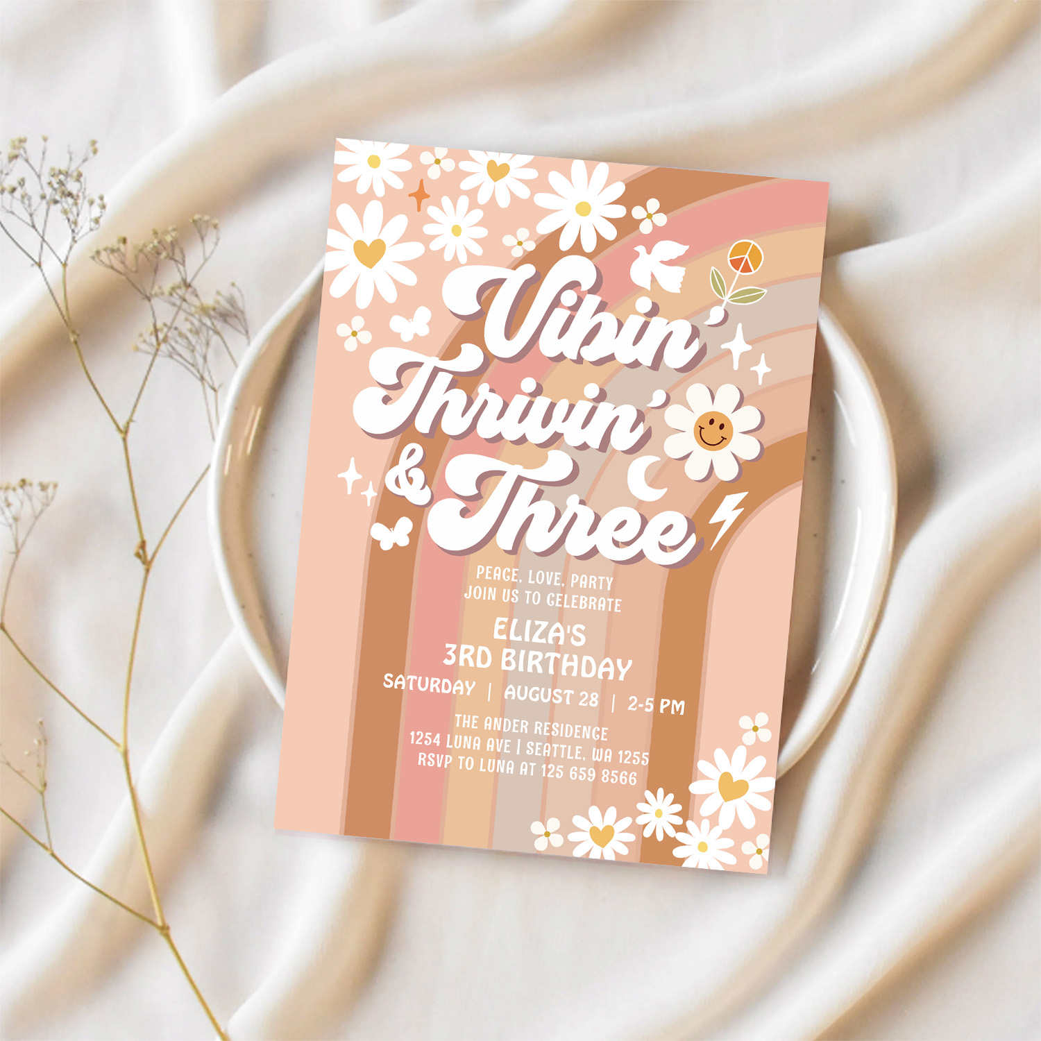 Vibin Thrivin And Three Earthy Retro Birthday Invitation - Image 2