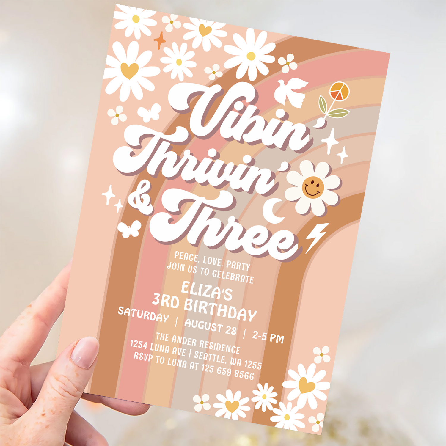 Vibin Thrivin And Three Earthy Retro Birthday Invitation - Image 3