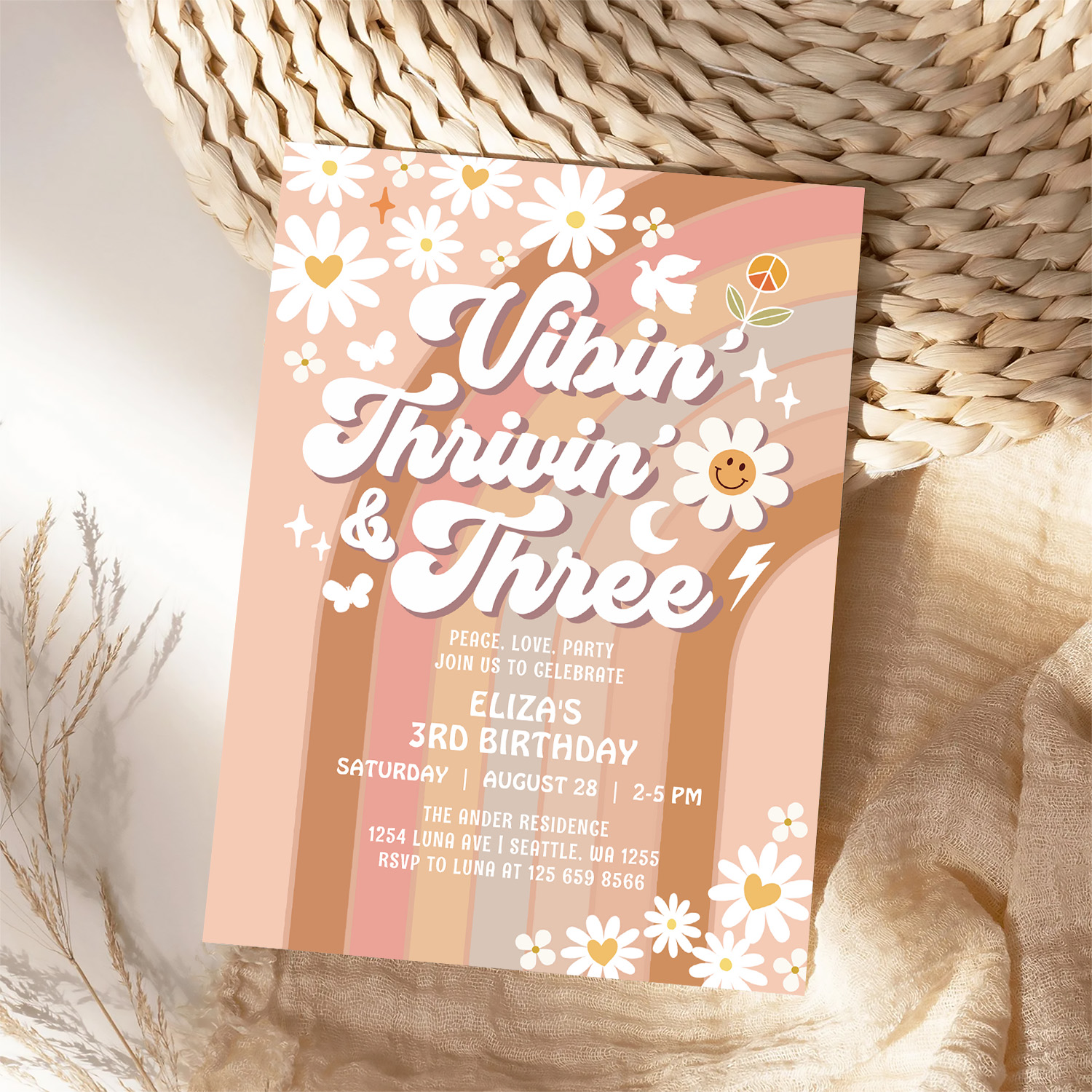 Vibin Thrivin And Three Earthy Retro Birthday Invitation - Image 4