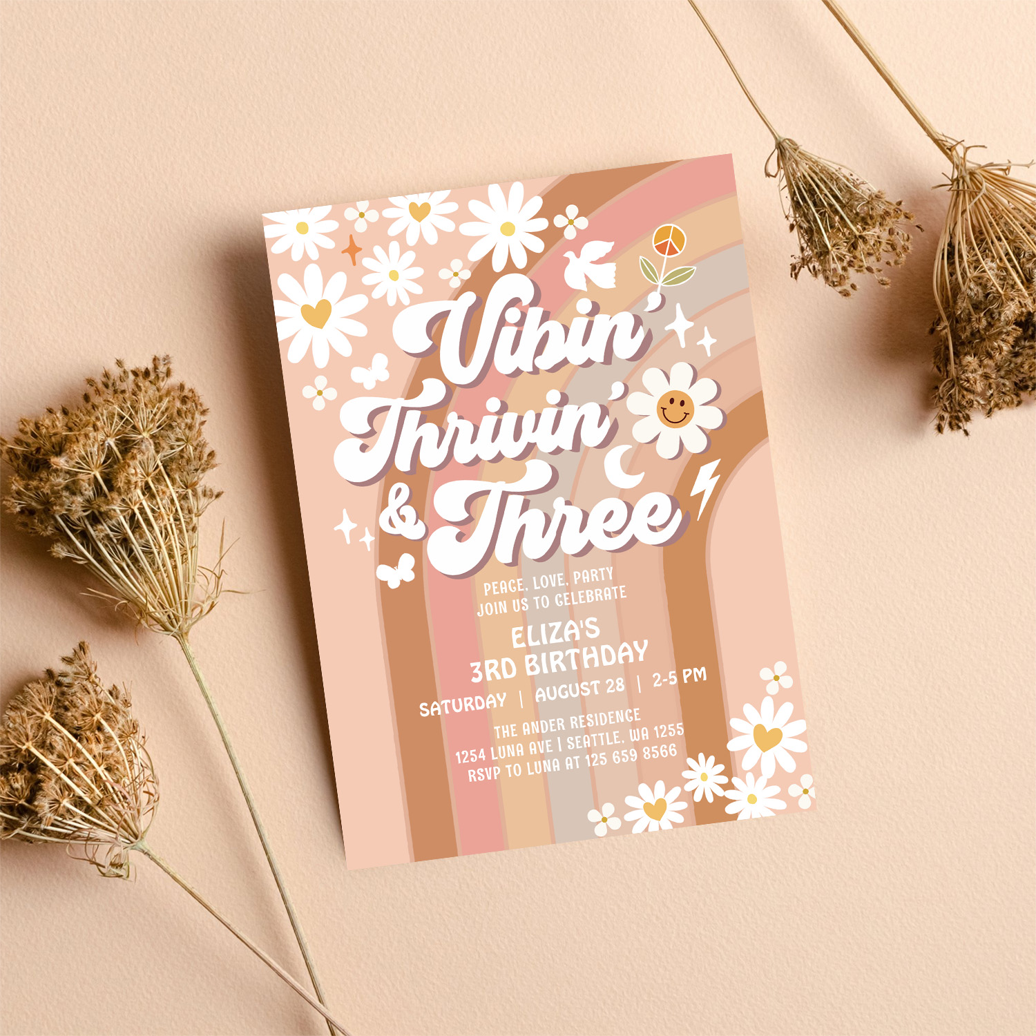 Vibin Thrivin And Three Earthy Retro Birthday Invitation - Image 8