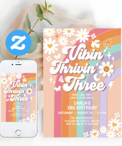 Vibin Thrivin And Three Hippie Retro Birthday Invitation