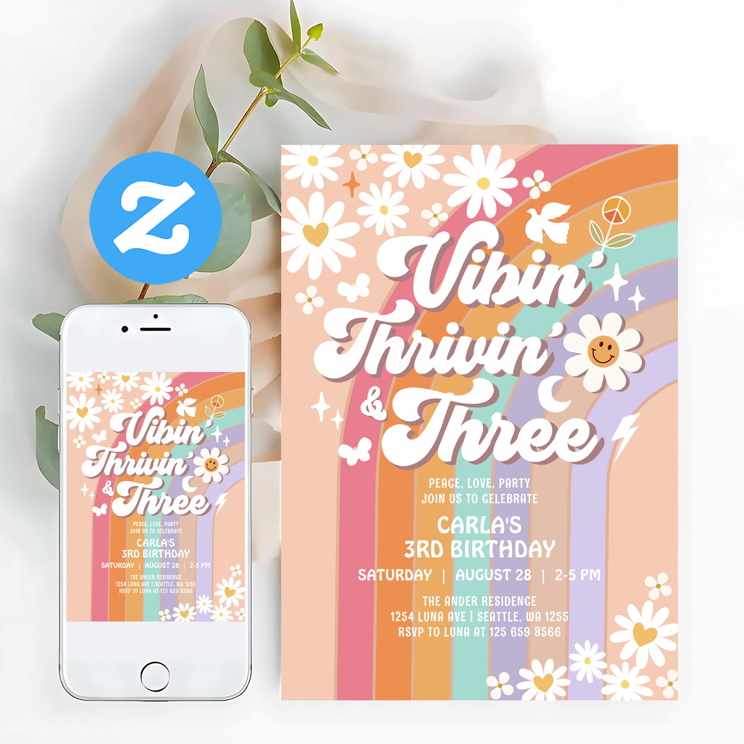 Vibin Thrivin And Three Hippie Retro Birthday Invitation