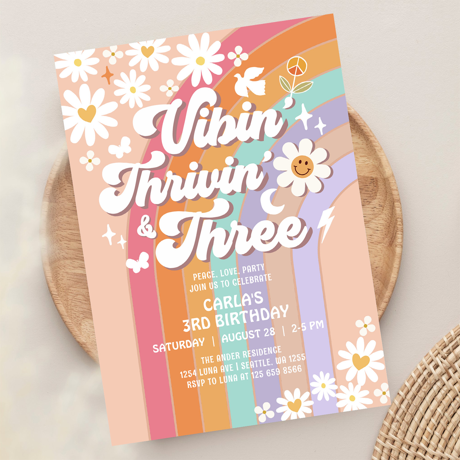 Vibin Thrivin And Three Hippie Retro Birthday Invitation - Image 13