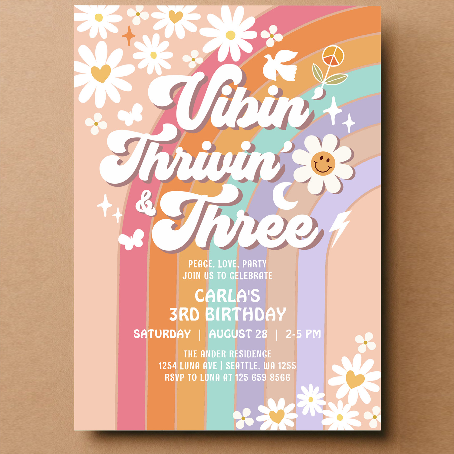 Vibin Thrivin And Three Hippie Retro Birthday Invitation - Image 14