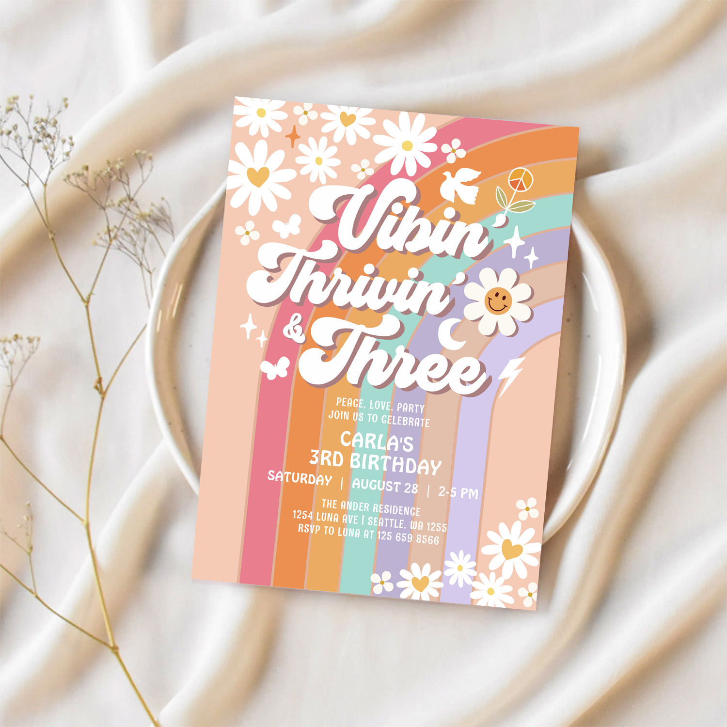 Vibin Thrivin And Three Hippie Retro Birthday Invitation - Image 2