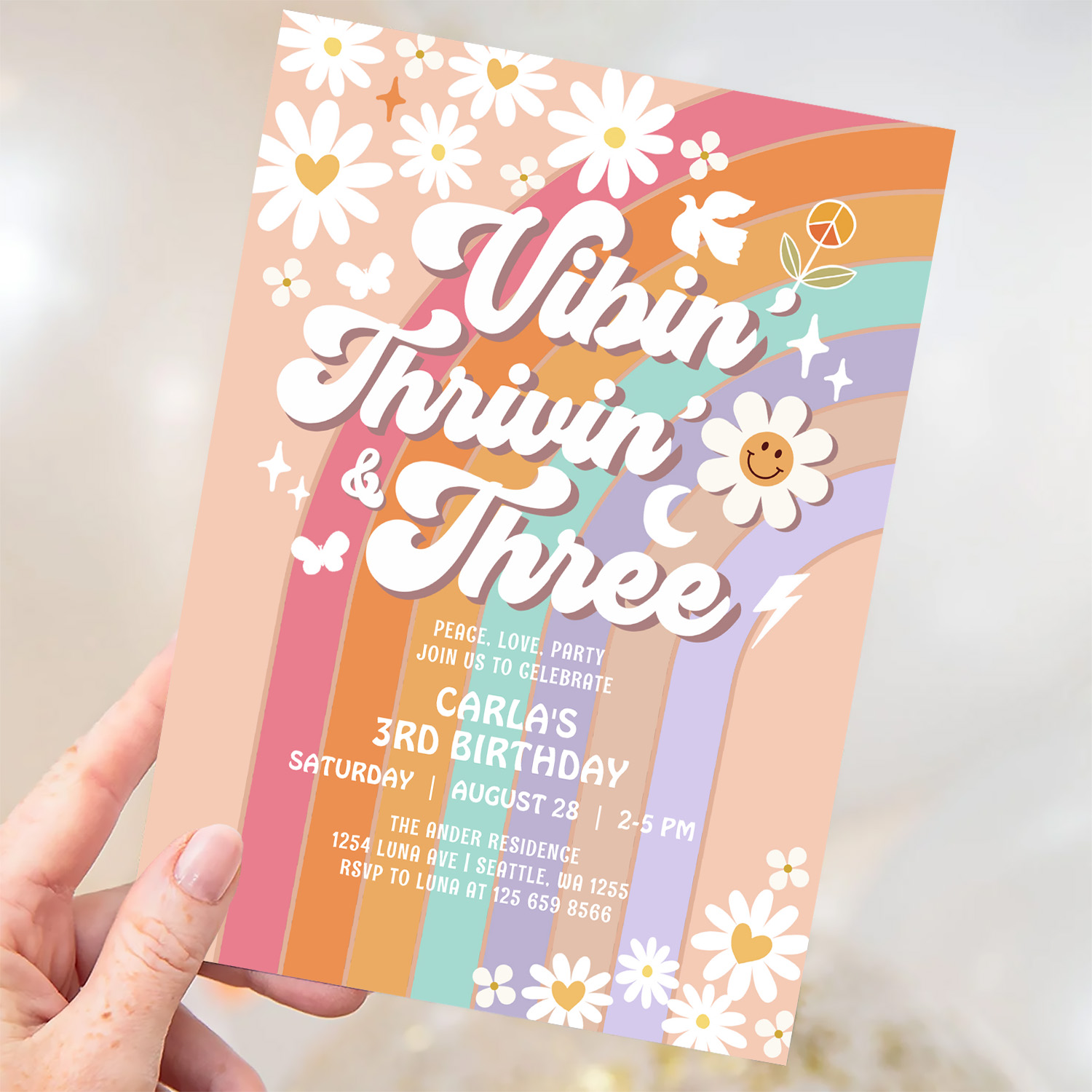 Vibin Thrivin And Three Hippie Retro Birthday Invitation - Image 3