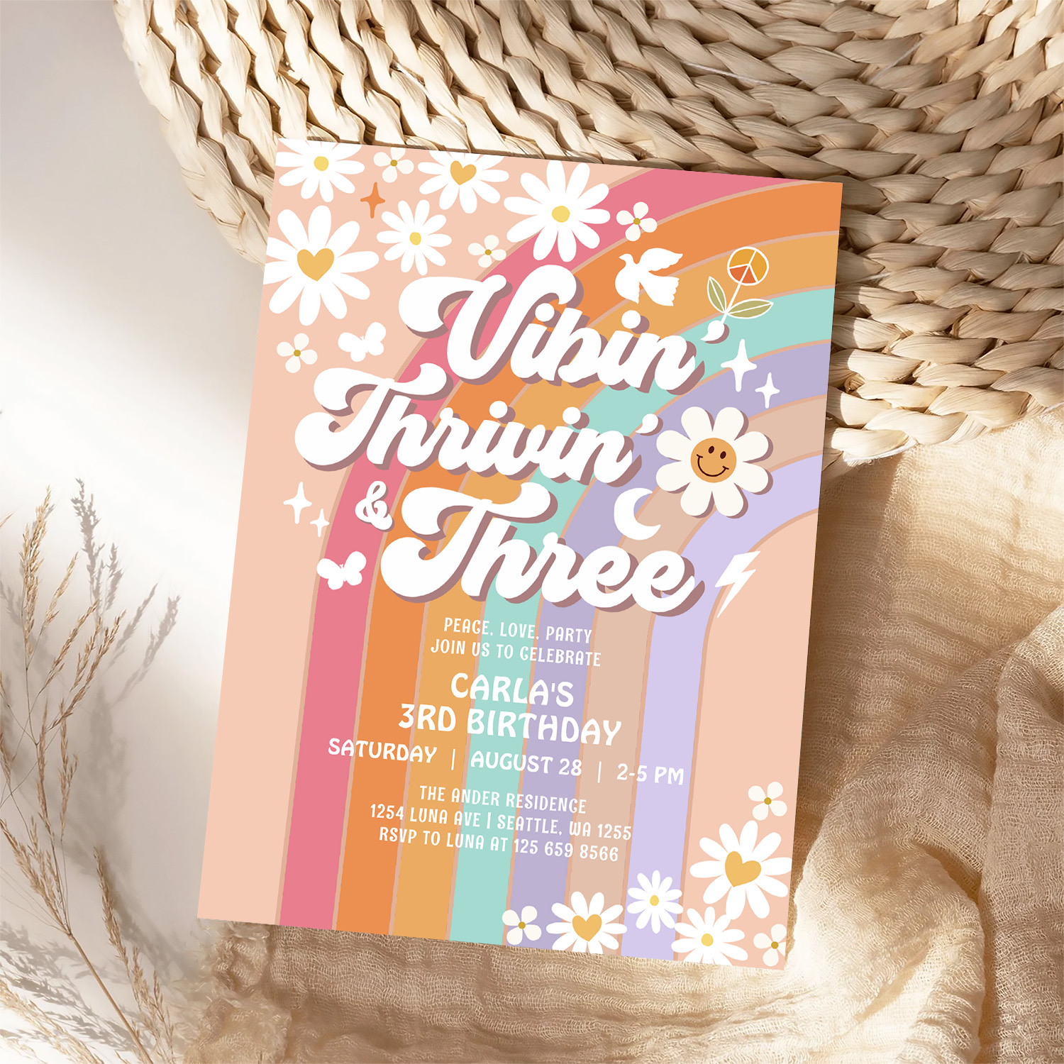 Vibin Thrivin And Three Hippie Retro Birthday Invitation - Image 4