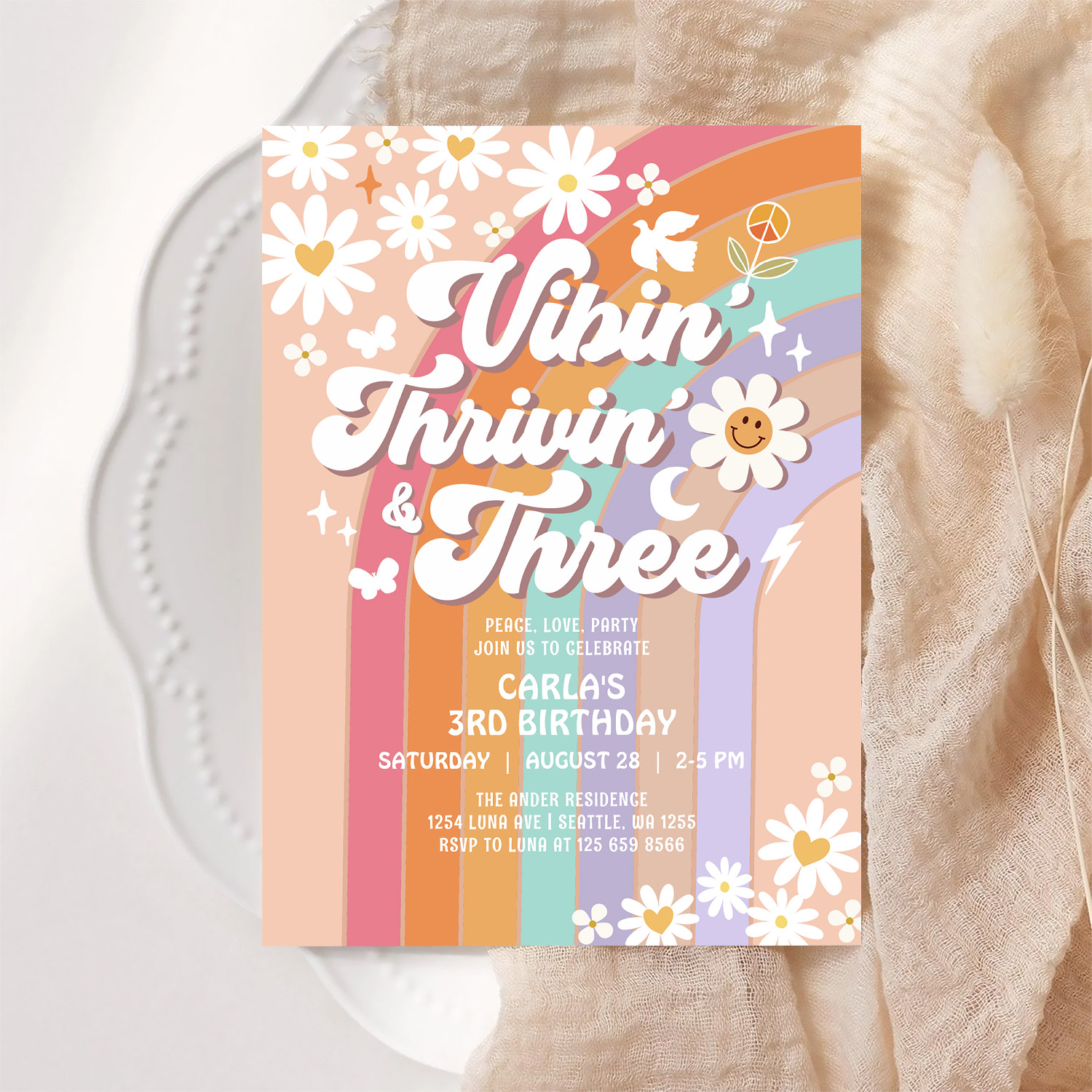 Vibin Thrivin And Three Hippie Retro Birthday Invitation - Image 6