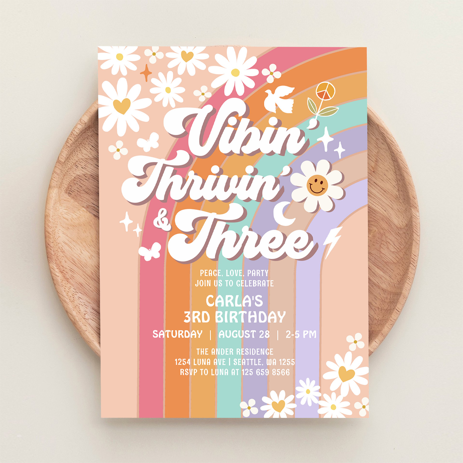 Vibin Thrivin And Three Hippie Retro Birthday Invitation - Image 7