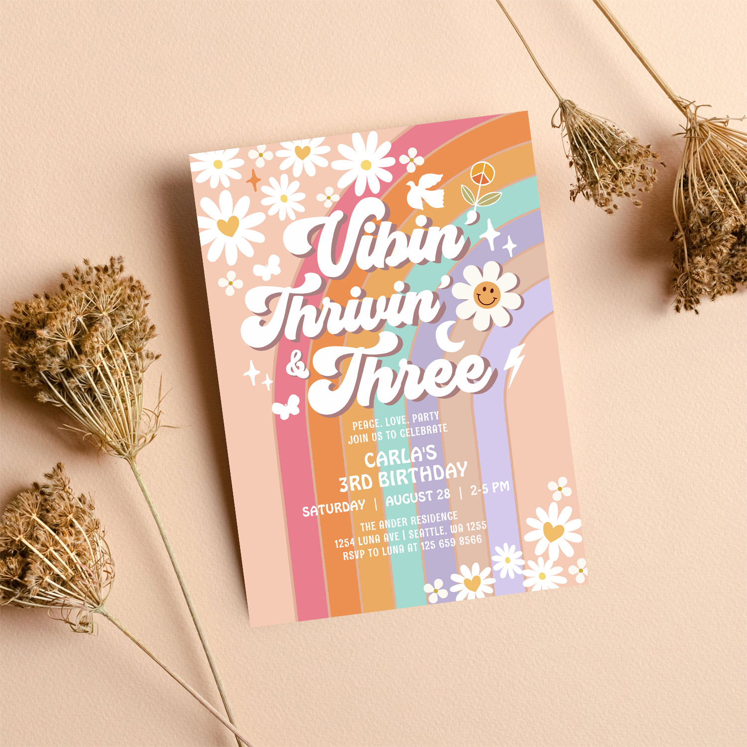 Vibin Thrivin And Three Hippie Retro Birthday Invitation - Image 8