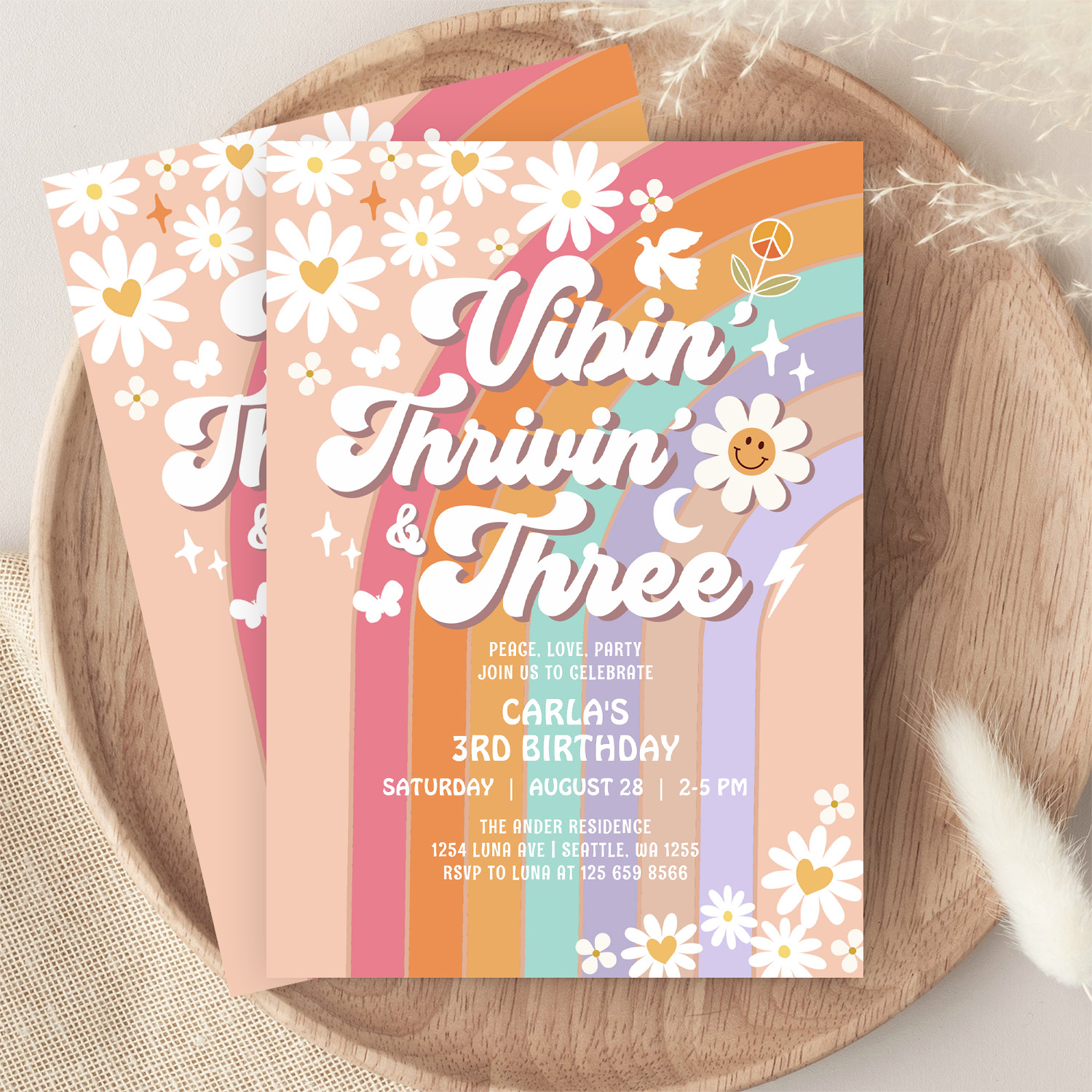 Vibin Thrivin And Three Hippie Retro Birthday Invitation - Image 9