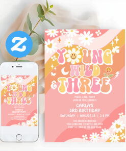 Young Wild And Three Groovy Pink Peach Birthday Invitation