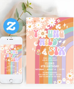 Young Wild Six Groovy Hippie Retro 6th Birthday Invitation